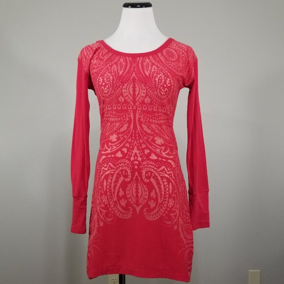 Athleta Lace Up Back Corset Dress XS Red Jacquard Burnout Long Sleeve Stretch - Picture 2 of 14